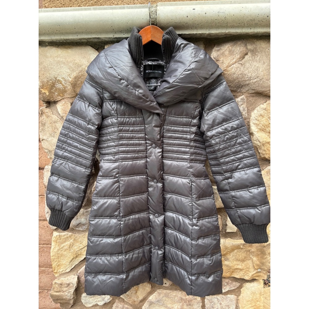 Moda International Down Puffer Coat Women's XS Gray Knee Length 60% Down Fill